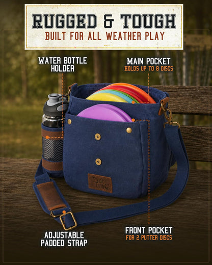 Disc Golf Bag | Frisbee Golf Bag | Easy to Carry | Lightweight Fits up to 10 Discs | 16 Oz Waxed Canvas Sturdy Design | Belt Loop | Double Button Design | Bottle Holder