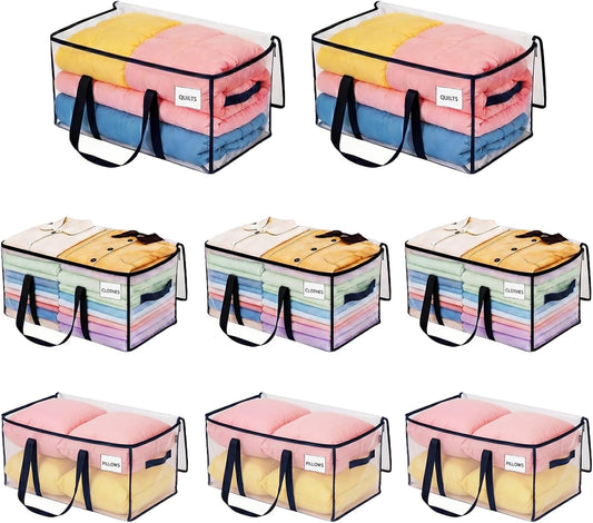 8 Pack Extra Large Moving Storage Bags with Zips, Heavy-Duty Organizer Tote, Moving Box Alternative, Packing Supply, Clothes Storage Bin, Tag Pocket for Label, Water-Resistant (Clear, 8 Pack)