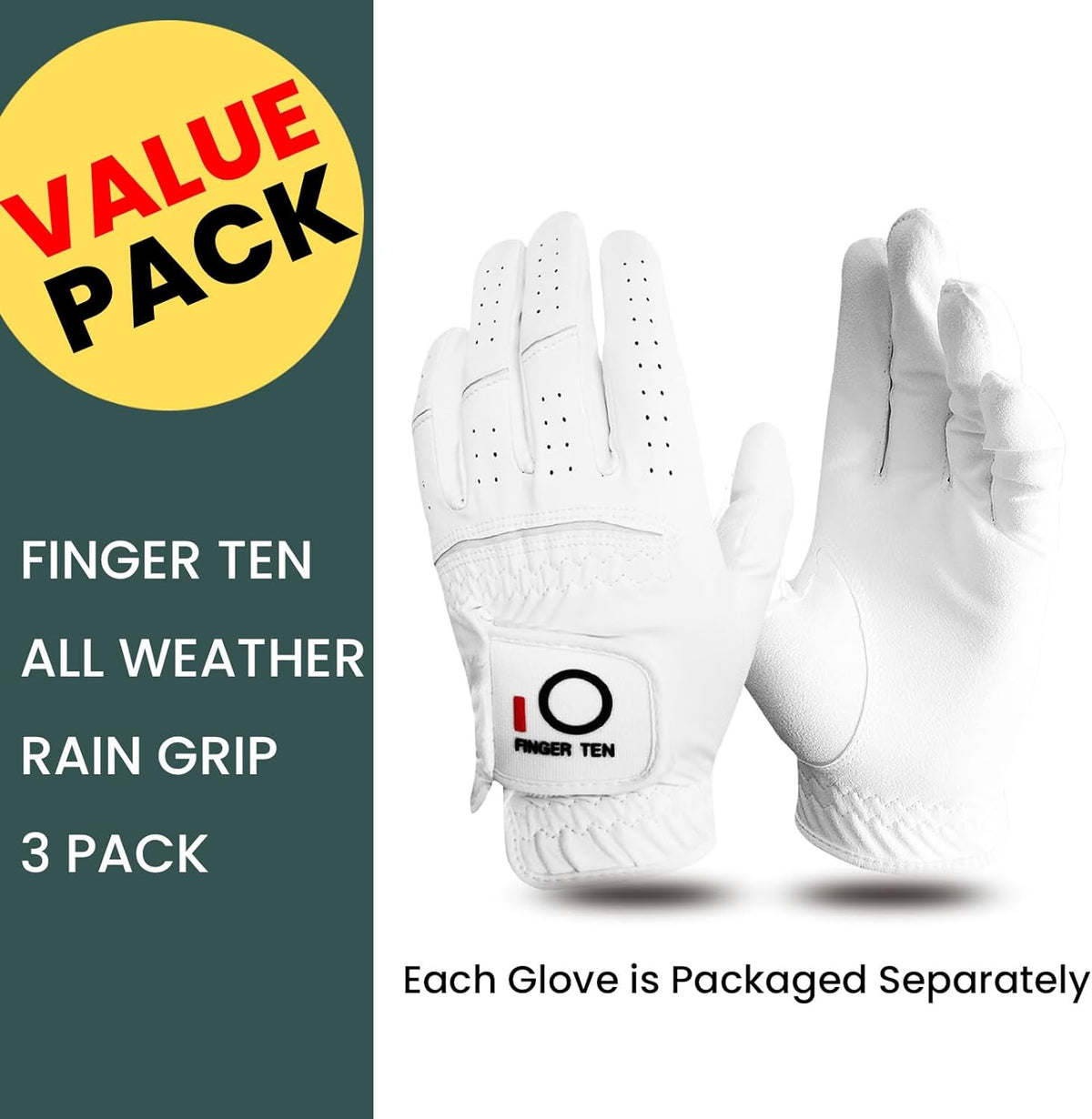 All Weather Grip Golf Gloves Men 3 Pack | for Left Hand, Soft Breathable Comfortable in Wet Hot Humid, Flexible Design for Swing Control, Durable Long Lasting Use