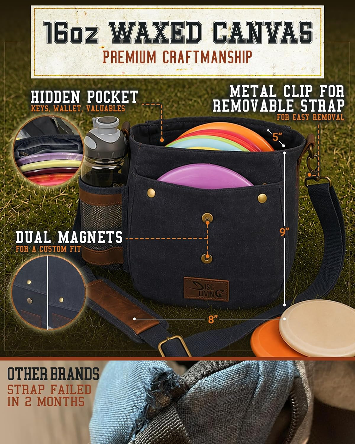 Disc Golf Bag | Frisbee Golf Bag | Easy to Carry | Lightweight Fits up to 10 Discs | 16 Oz Waxed Canvas Sturdy Design | Belt Loop | Double Button Design | Bottle Holder