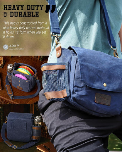 Disc Golf Bag | Frisbee Golf Bag | Easy to Carry | Lightweight Fits up to 10 Discs | 16 Oz Waxed Canvas Sturdy Design | Belt Loop | Double Button Design | Bottle Holder