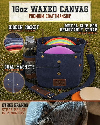 Disc Golf Bag | Frisbee Golf Bag | Easy to Carry | Lightweight Fits up to 10 Discs | 16 Oz Waxed Canvas Sturdy Design | Belt Loop | Double Button Design | Bottle Holder