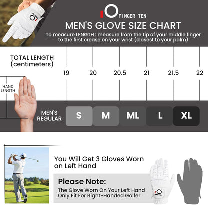 All Weather Grip Golf Gloves Men 3 Pack | for Left Hand, Soft Breathable Comfortable in Wet Hot Humid, Flexible Design for Swing Control, Durable Long Lasting Use