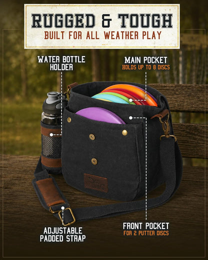Disc Golf Bag | Frisbee Golf Bag | Easy to Carry | Lightweight Fits up to 10 Discs | 16 Oz Waxed Canvas Sturdy Design | Belt Loop | Double Button Design | Bottle Holder