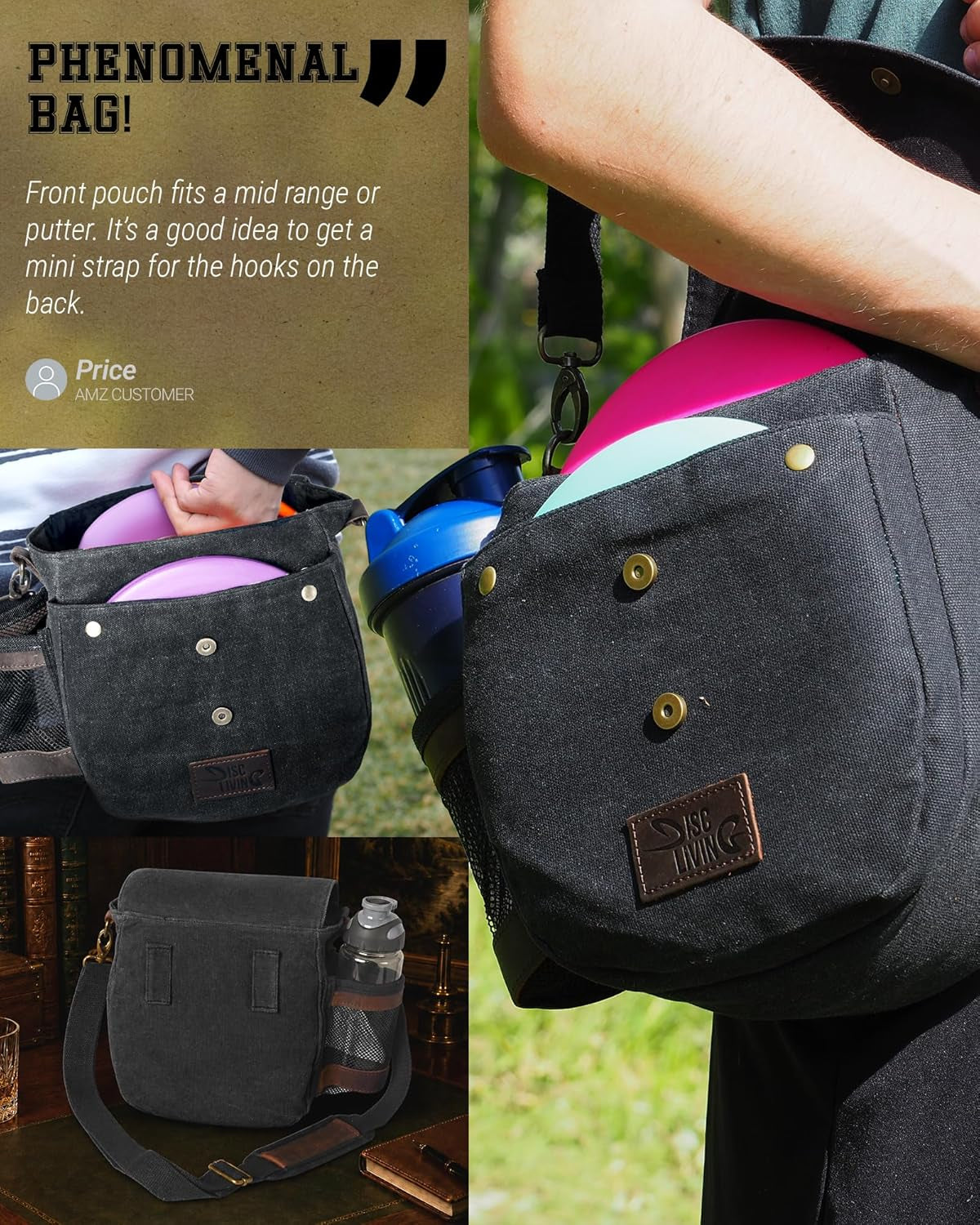 Disc Golf Bag | Frisbee Golf Bag | Easy to Carry | Lightweight Fits up to 10 Discs | 16 Oz Waxed Canvas Sturdy Design | Belt Loop | Double Button Design | Bottle Holder