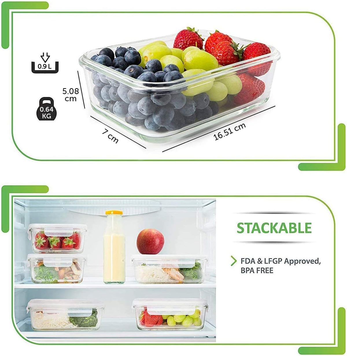 5 Pack 30Oz Glass Containers with Lids - 1 Compartment | Borosilicate Glass Meal Prep Containers - Airtight Leak-Resistant Lids, Microwave, Oven & Freezer Safe (5-Pack, 30 Oz)