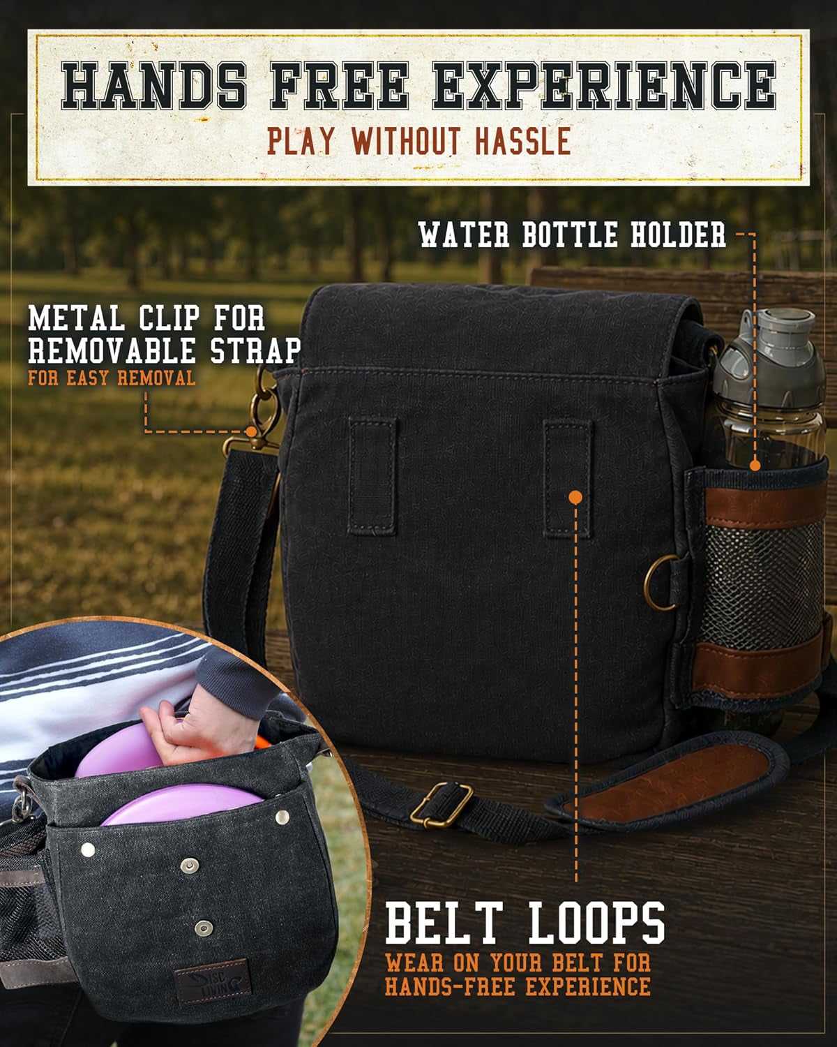 Disc Golf Bag | Frisbee Golf Bag | Easy to Carry | Lightweight Fits up to 10 Discs | 16 Oz Waxed Canvas Sturdy Design | Belt Loop | Double Button Design | Bottle Holder