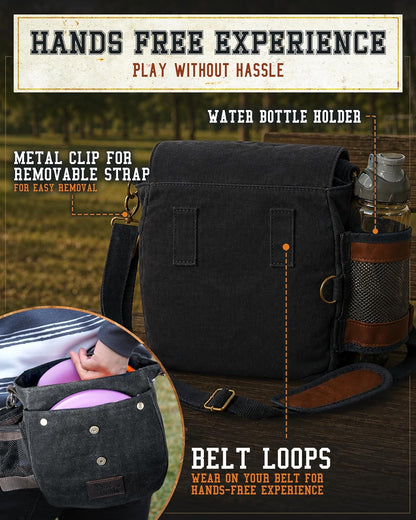 Disc Golf Bag | Frisbee Golf Bag | Easy to Carry | Lightweight Fits up to 10 Discs | 16 Oz Waxed Canvas Sturdy Design | Belt Loop | Double Button Design | Bottle Holder